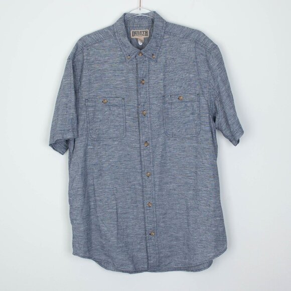 Duluth Mens Hemp Button Down Chambray Shirt Size L Short Sleeve Sustainable - Picture 1 of 7